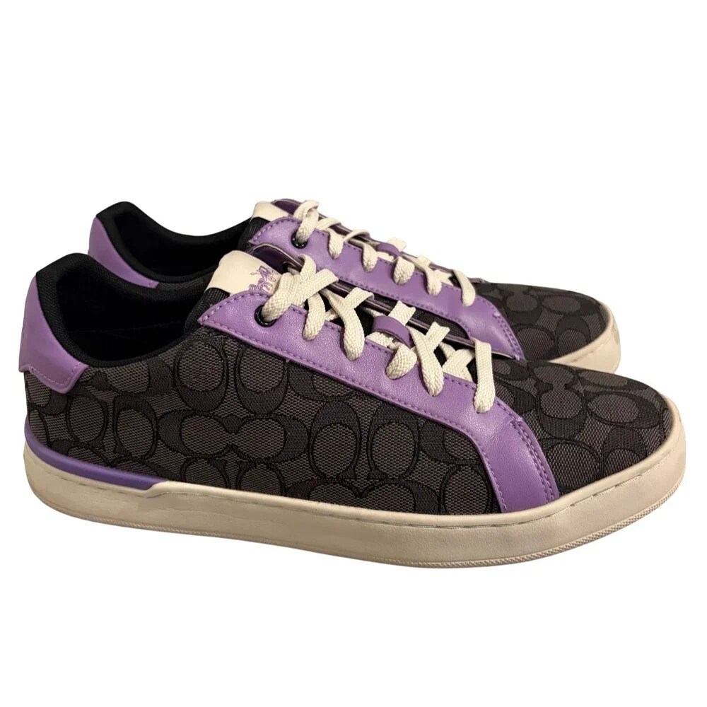Coach Clip Sneakers Mens 10D Purple Black Jacquard Leather Monogram Low Top